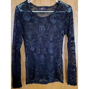 ROYAL BONES DAANG GOODMAN Black Skeleton Skulls Mesh Sheer Stretch Top M